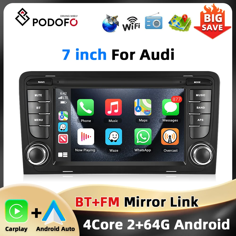 Podofo 2 + 64G 7 ''Radio Per Audi A3 8P 2003-2012 Lettore Multimediale di Navigazione GPS WIFI Carplay Android Auto EQ RDS Auto Stereo