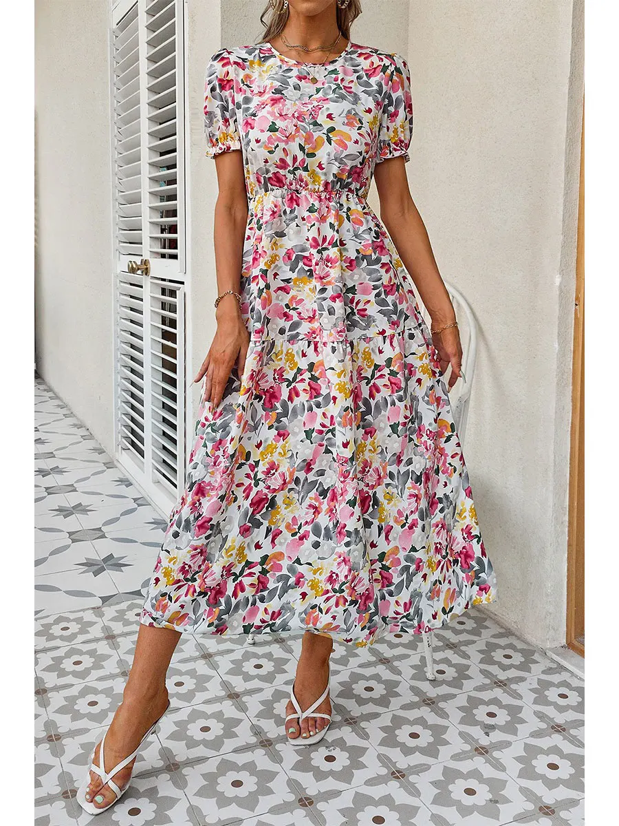 Elegantes Blumendruckkleid für Damen, 2022, Sommer, lässig, Puffärmel, Rüschen, großer Saum, Strand-Midikleid, Damenmode, Partykleider