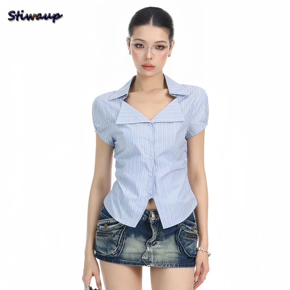 

Женская блузка из 100% хлопка, синяя в полоску, приталенная, новинка 2026 года, летняя женская одежда, укороченный топ с короткими рукавами