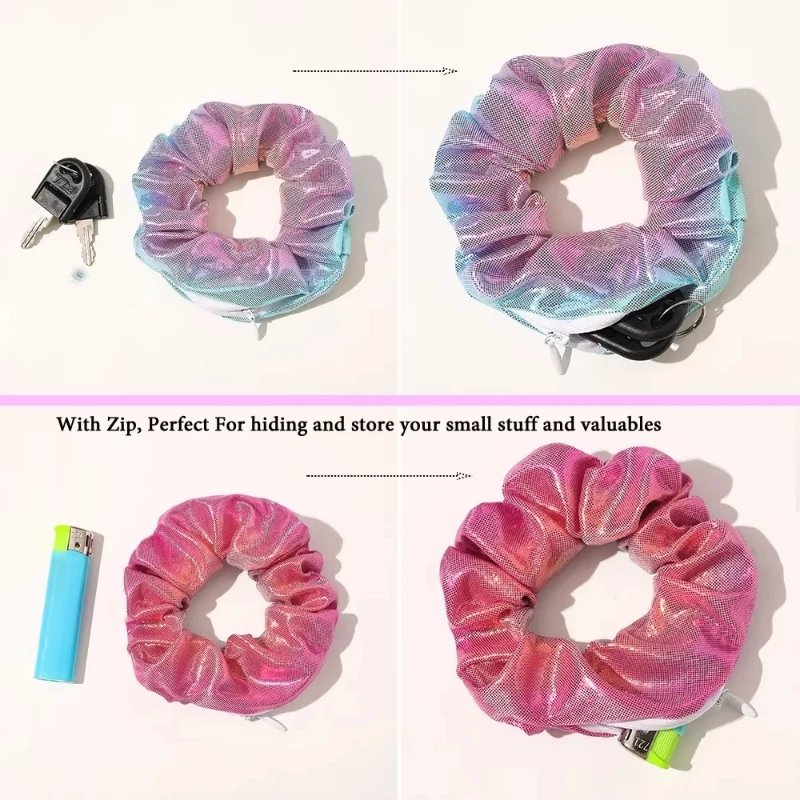 Hidden Safe Compartment Rainbow Hair Scrunchie ⁣⁣⁣⁣Hair Tie Laser Cloth With Zip Stash Pocket For Woman Travel Safe Storage