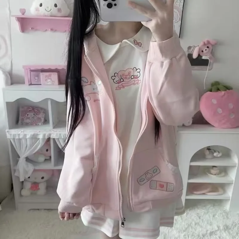 Kawaii New Cute Rabbit Ears Hoodie Women Pink Lace Bunny Print Sweatshirt Y2K Spring Autumn Hooded Jacket for Lolita Girls
