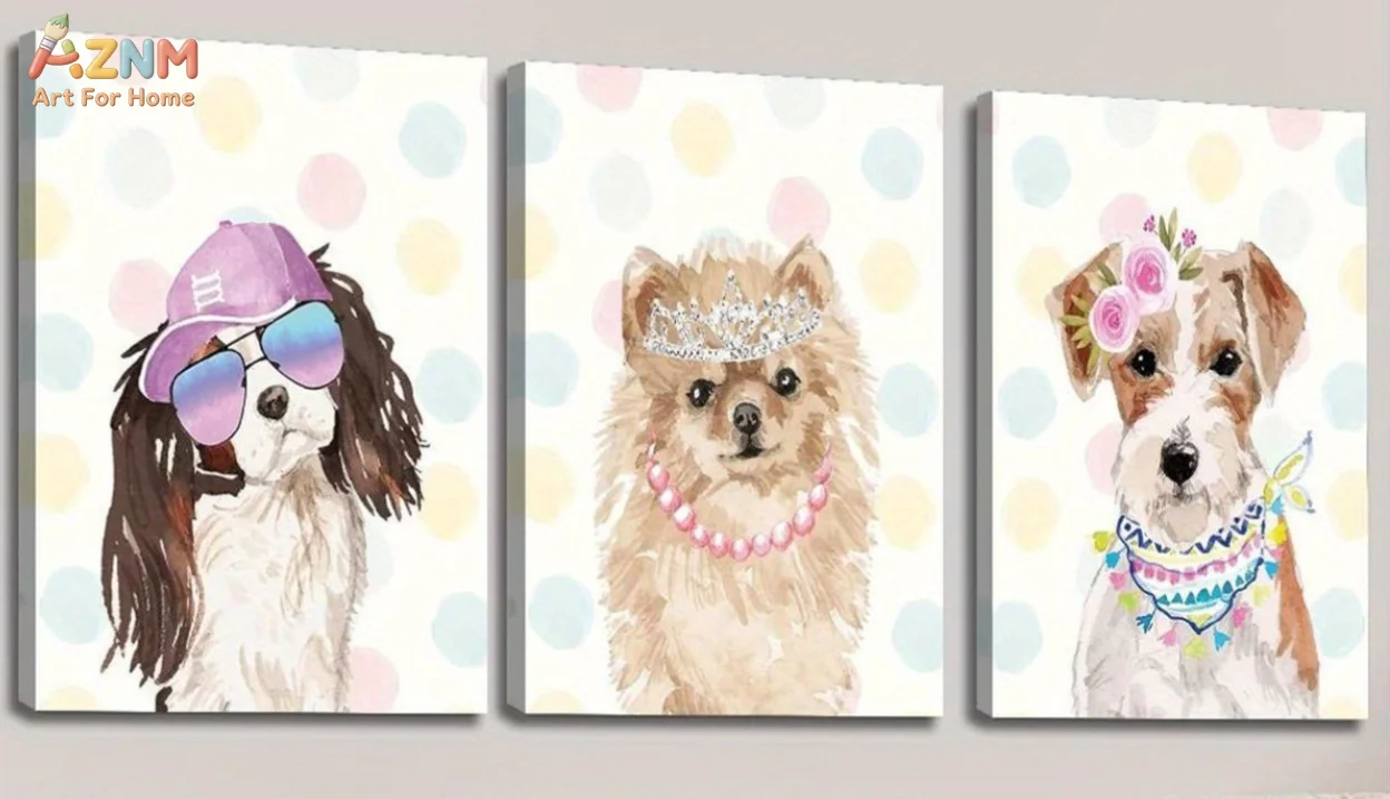 AZNM Cute Fashion Dog Canvas Wall Art Polka Dot Background Funny Pet Puppy Frameless Canvas Painting Kids Room Home Decor Poster