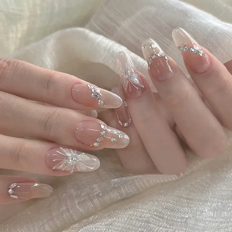 아몬드 헤드 보우 다이아몬드 스틱이있는 손톱에 24Pcs 고양이 눈 프레스 거짓 손톱에 달콤한 핑크 프렌치 풀 커버 인공 손톱 팁