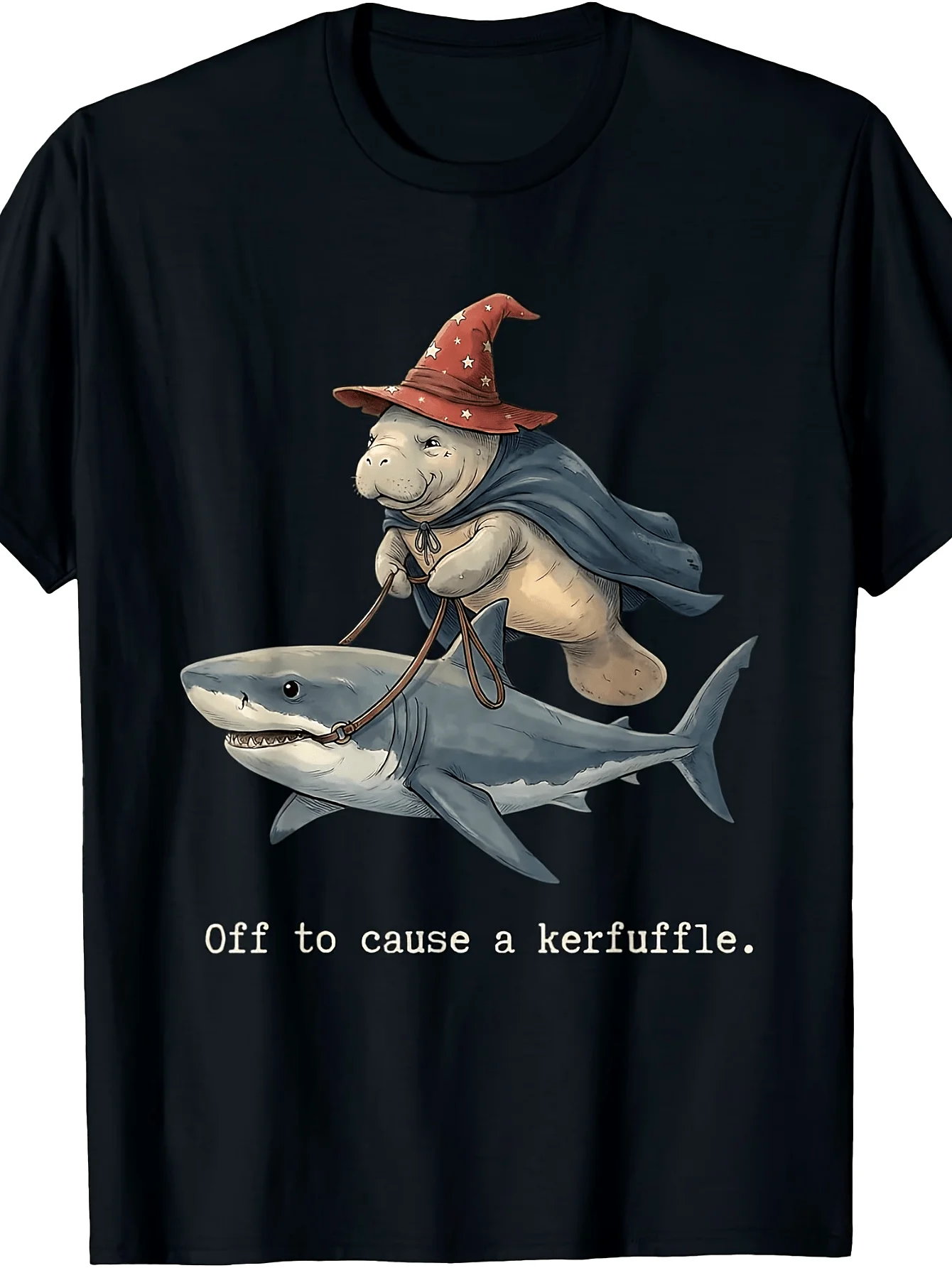 A Humorous T-Shirt with Images of Dolphins, Wizards, Sharks, and Fish, Ready to Cause Some Trouble