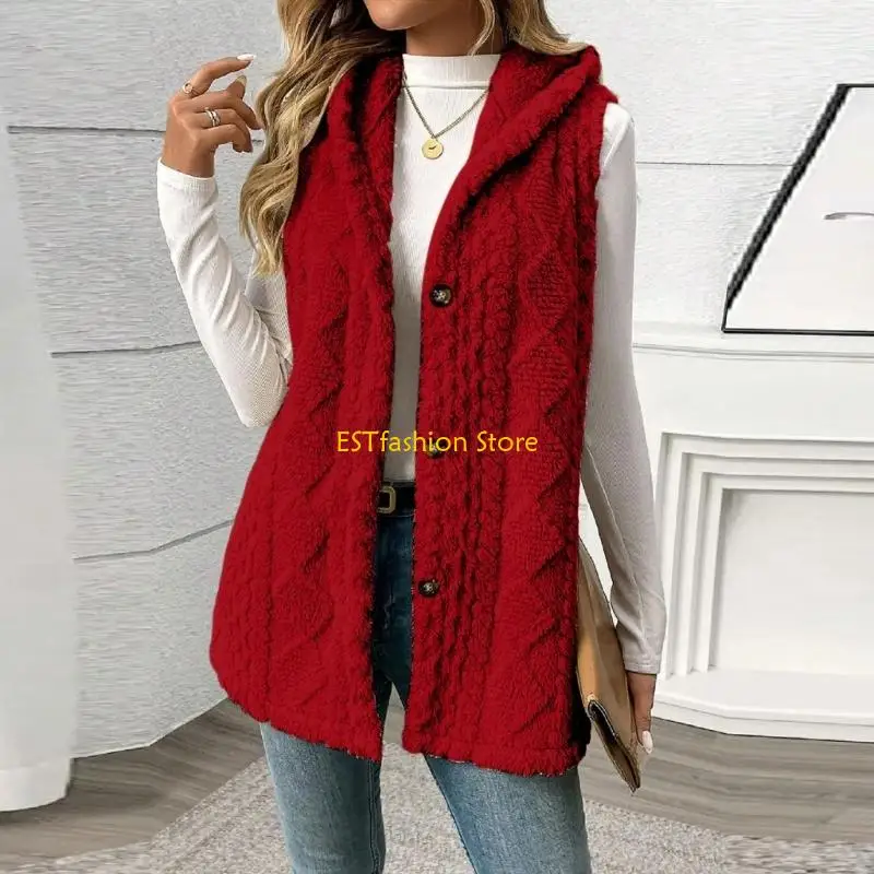 Y5GC Button Up Hooded Fleece Vest for Women Sleeveless Jackets Autumn Winter Wear
