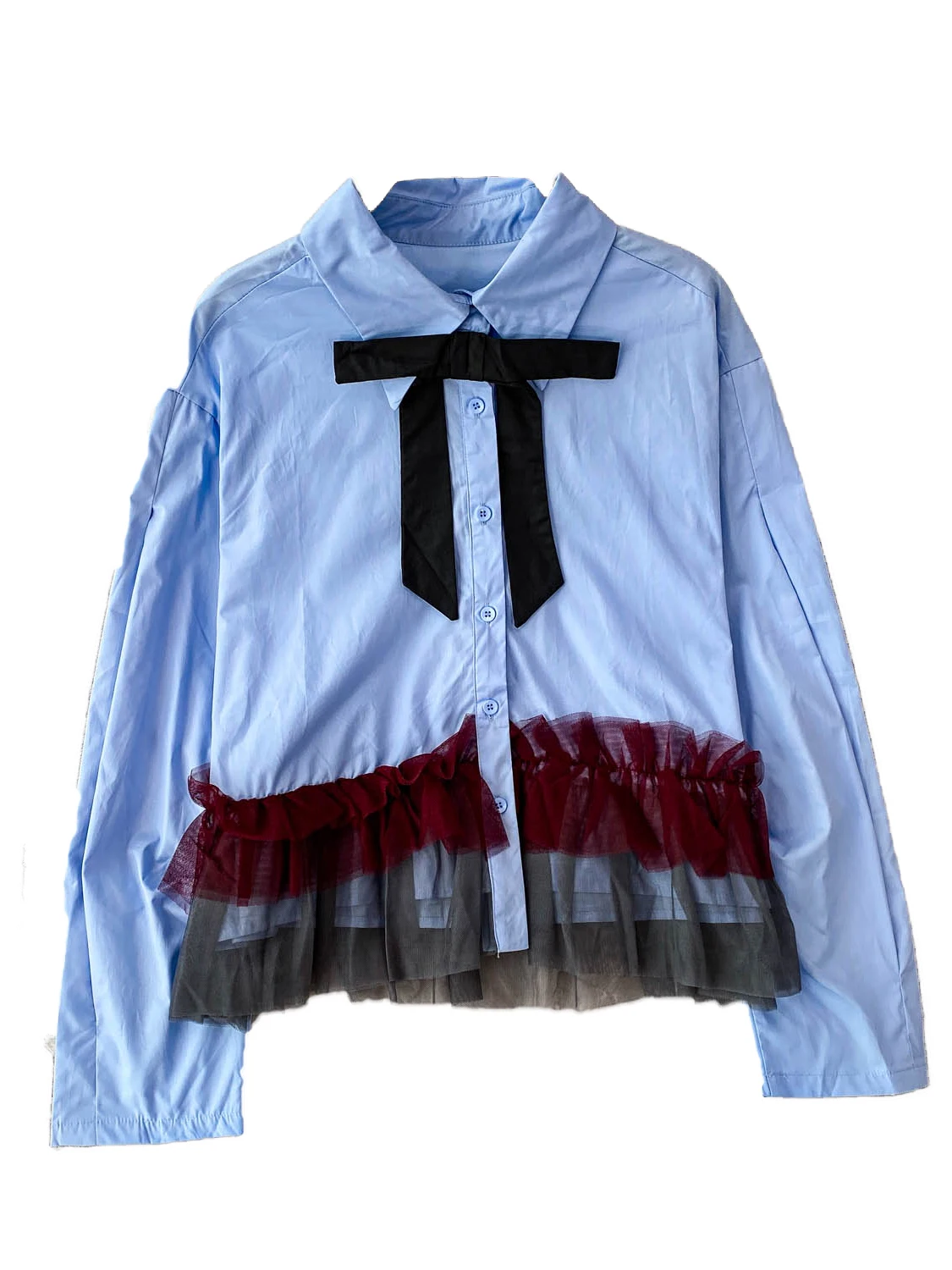 

Loose Fit Long Sve Knot Collar irt Me Splice Design Slimming Effect College Sle Color Blo Flip Collar Top