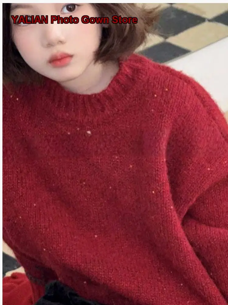 Girls Loose Round Neck Thickened Atmosphere Knit Top 2025 Sequin Trendy Sweater