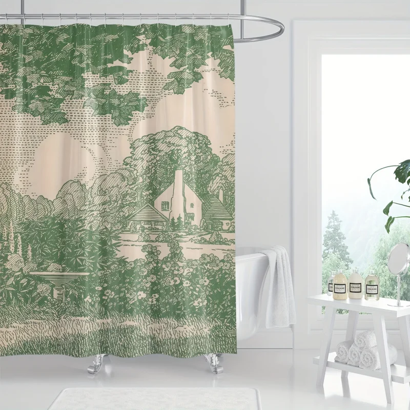 Vintage Hand-Drawn Landscape Print Shower Curtain, Polyester Woven Water-Resistant Bathroom Curtain with Hooks, Machine Washable