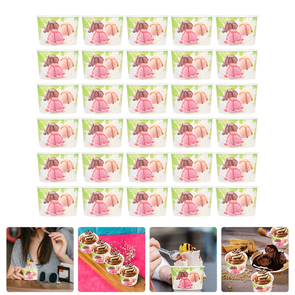 

200pcs Ice Cream Cups Disposable Paper Dessert Bowls Summer Sundae Treat Cake Jelly Cookie Soup Green Bottom No Lid