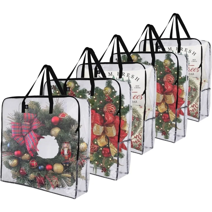 VENO 5 Pack Wreath Storage Bag and Christmas Decoration Garland Container 30 Inch Clear Wreath Bag Valentine's Decoration Organ