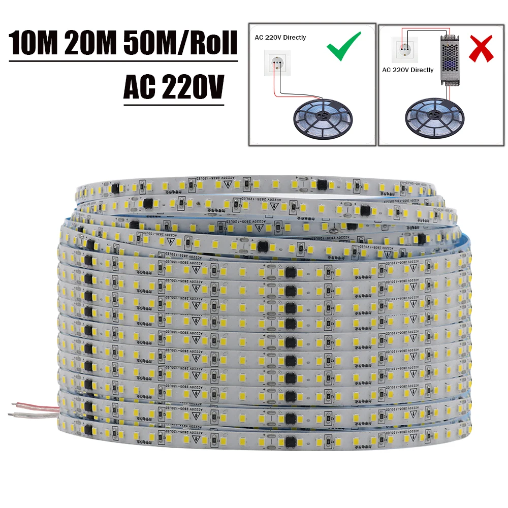 

10 м 50 м/рулон AC 220 В 240 В СВЕТОДИОДНАЯ лента SMD 2835 120 светодиодов/м не требует драйвера IP44 гибкая лента Светодиодная лента