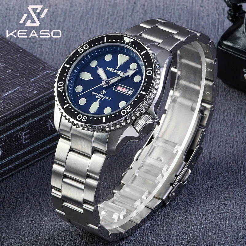 KEASO New Dive Men Quartz Watch Sapphire Ceramic Bezel MIYOTA 2105 Movement 200M Waterproof C3 Luminous Solid 316L Steel Watches