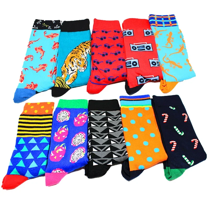 1 pair men socks combed cotton cartoon animal penguin rhinoceros parrot cactus stars geometric novelty funny socks