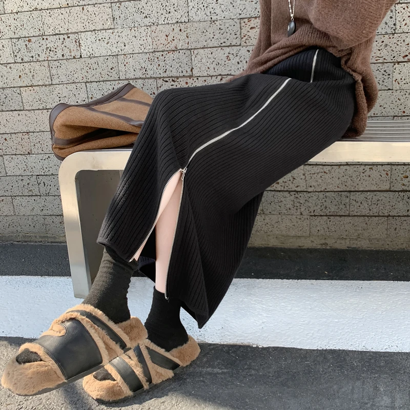 

Women's Knitted Wrap around Skirt High Waist Straight Cut Long Zipper Design Autumn Winter Faion Ele Sle