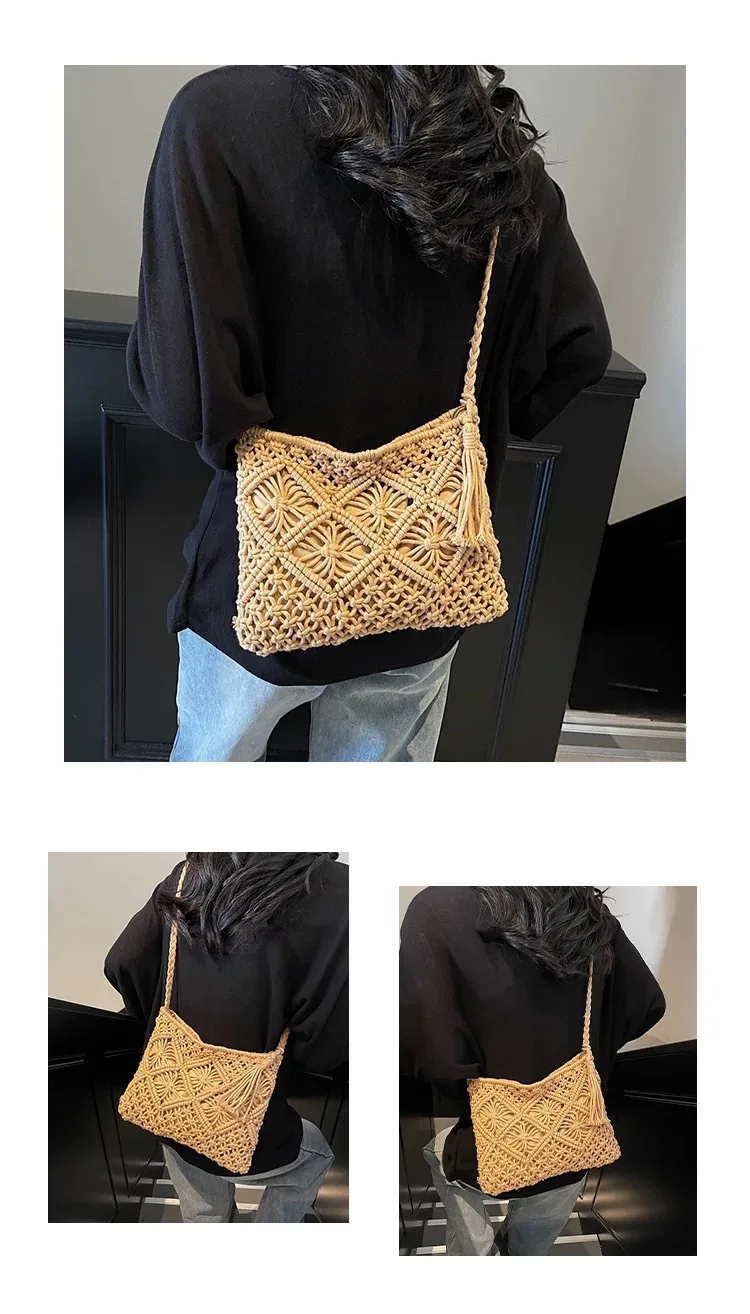 Retro Fransen-Kunststrohtasche, einfache Sommer-Strandtasche, gewebte Schultertasche, lässiges Accessoire für Damen – Detail 1