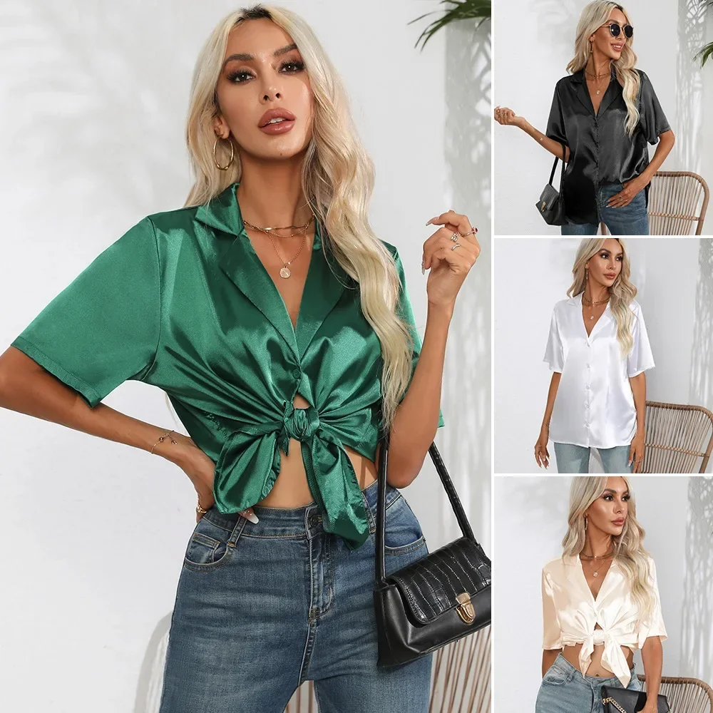 

Elegant Satin Shirt Women's Short Sleeved Blouse Office Lady Blouses Solid Color Turn Down Collar Single Breasted Female Shirts