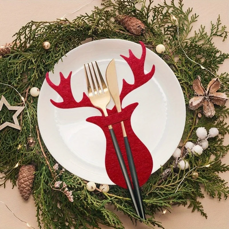 2/4pcs Christmas Reindeer Felt Cutlery Holder Elk Knife Fork Bag Xmas Table Decoration Party Tableware Pocket Home Decor Gifts