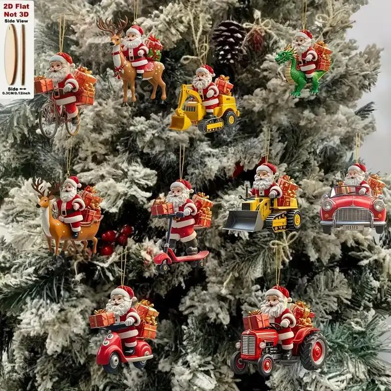 10Pcs Christmas Wooden Hanging Pendant 2D Flat Santa Scooter Bicycle Reindeer Ornament For Xmas Tree Decor Supplies