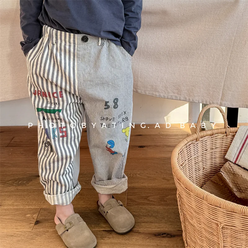 2024 Spring New Children Loose Trousers Cotton Baby Girls Striped Casual Pants Toddler Boys Versatile Harem Pants Kids Clothes