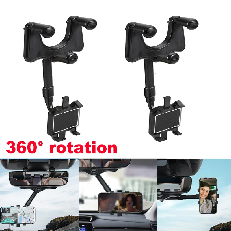 Car Rearview Mirror Phone Holder Universal Mobile Phone Stand Telescopic GPS Bracket Angle 360 Rotation Adjustable Support Stand