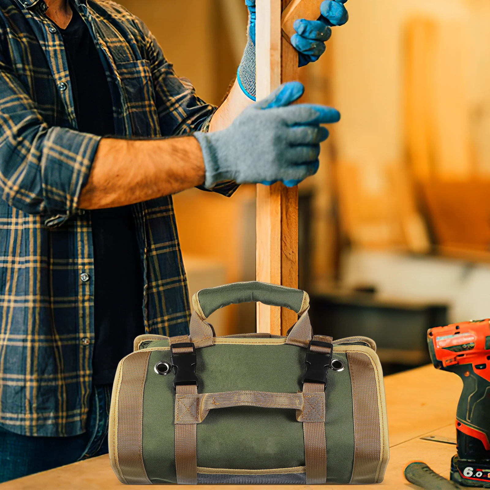 

Durable Tool Bag Roll Up Electricians Wrench Organizer Heavy Duty Military Green Large Capacity Hardware Kit Storage Solution