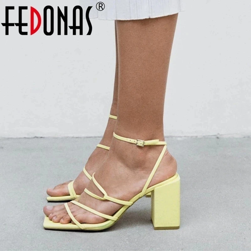 FEDONAS Fashion Women Sandals Genuine Leather Thick High Heels Party Wedding Shoes Woman Prom Pumps Plus Size Sandals