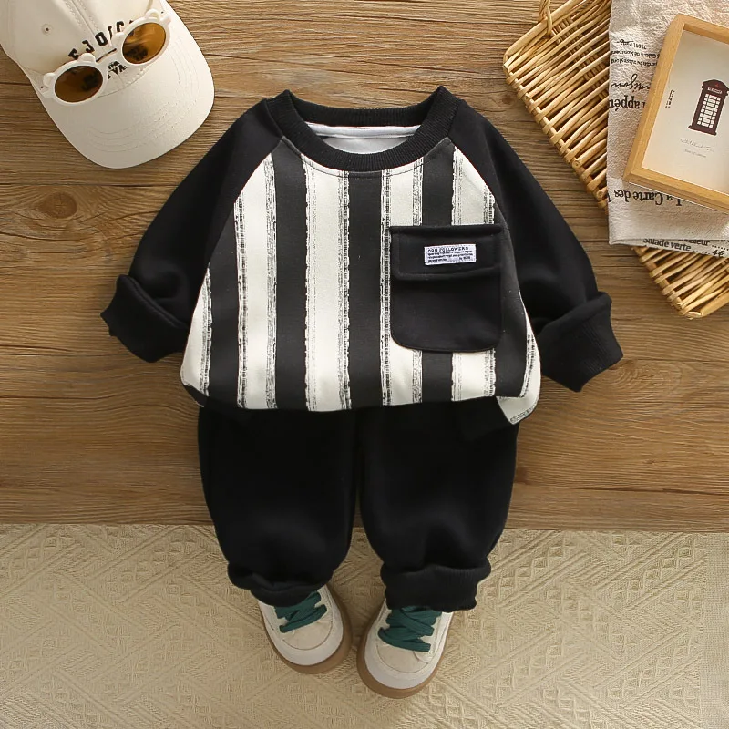 أطقم للأولاد والبنات 2025 ربيع الخريف النمط الكوري العصرية عادية عمودي مخطط جيب علوي فضفاض قطعتين مجموعات #2