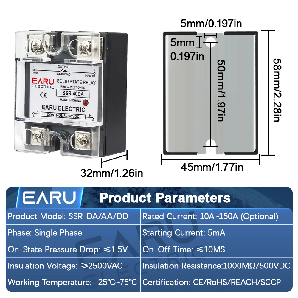 EARU Single Phase Solid State Relay Module SSR-25DA SSR-40DA SSR-40AA SSR-40DD SSR 10A/25A/40A/60A/80A/100A/120A/150A DD DA AA