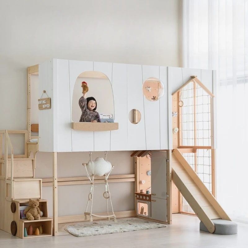 Tree house bed, solid wood children's half-height bed, multi-mode play house slide cabinet upper and lower bunk beds