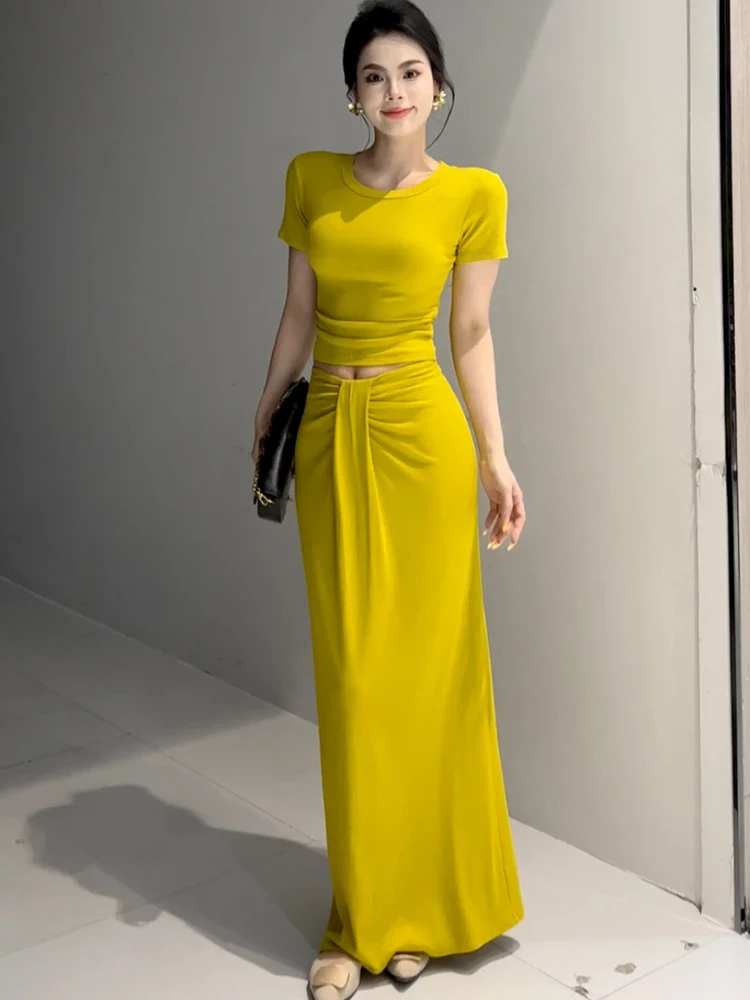 

French style spicy girl round neck tight fitting slimming top high waist strap tie casual long skirt simple two piece set