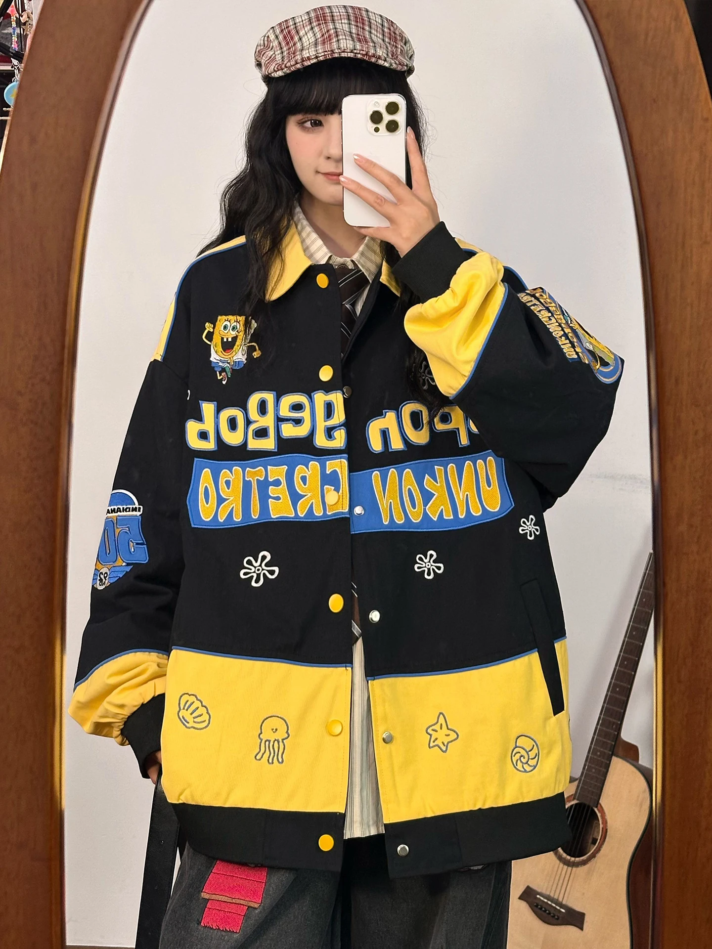 

Свободная повседневная женская куртка Lazy Sle, оригинальная американская ретро-мультяшная вышивка в стиле пэчворк, хлопковая длинная уличная одежда све