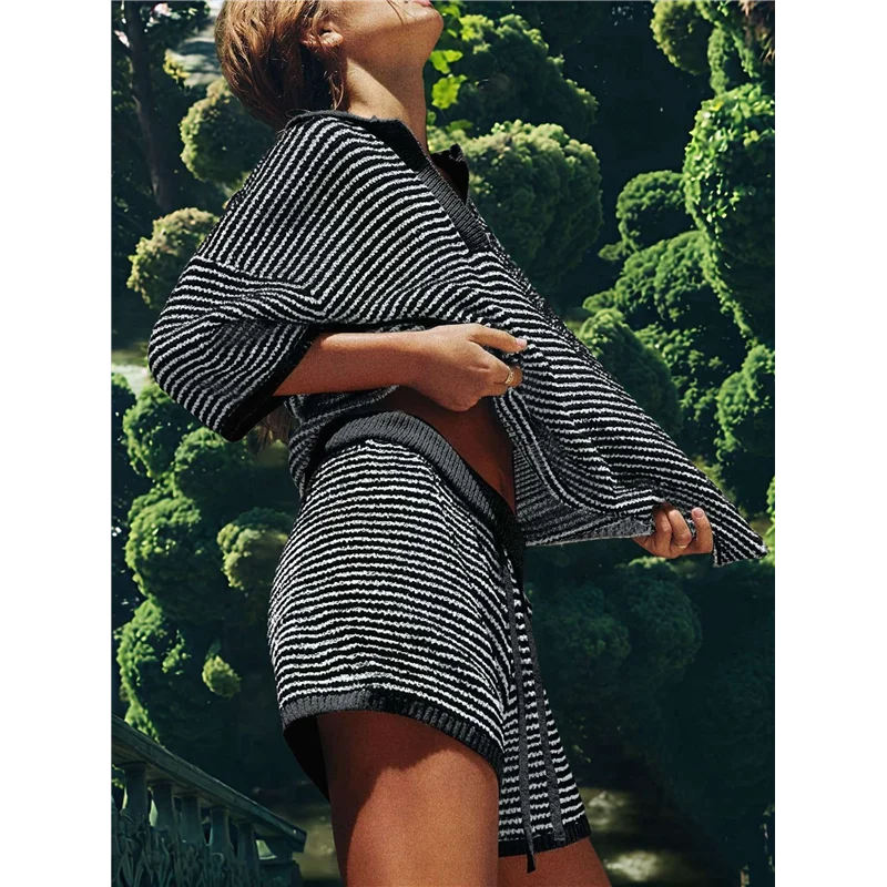 

ABRT-Womens Sweater Set 2 Piece Outfits Oversized 3/4 Sleeve V Neck Knit Tops High Waisted Shorts Lounge Sets