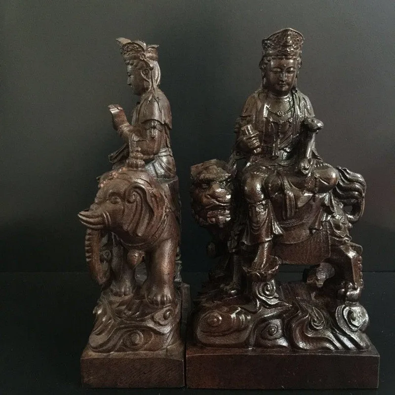 Hand-Carved Wood Manjusri Samantabhadra Buddha Statue - 7.1