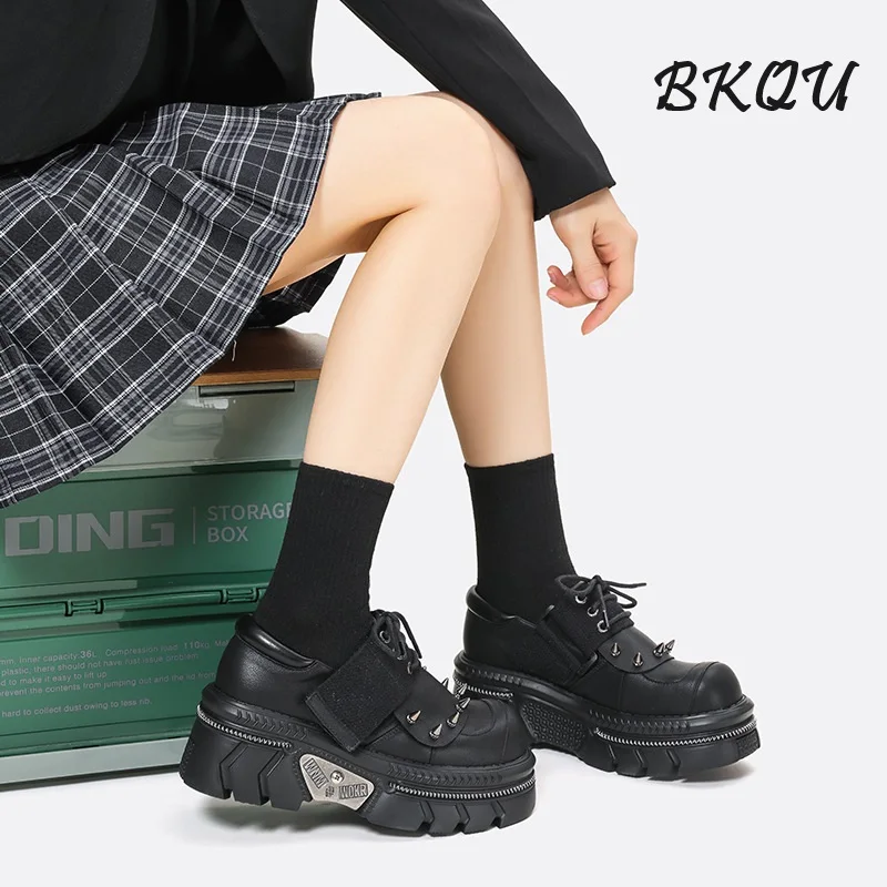 BKQU Dark Spice Girl Thick Soled Single Shoes Female Autumn 2024 New Rock All-match High Top Shoes Muffin Big Head Shoes