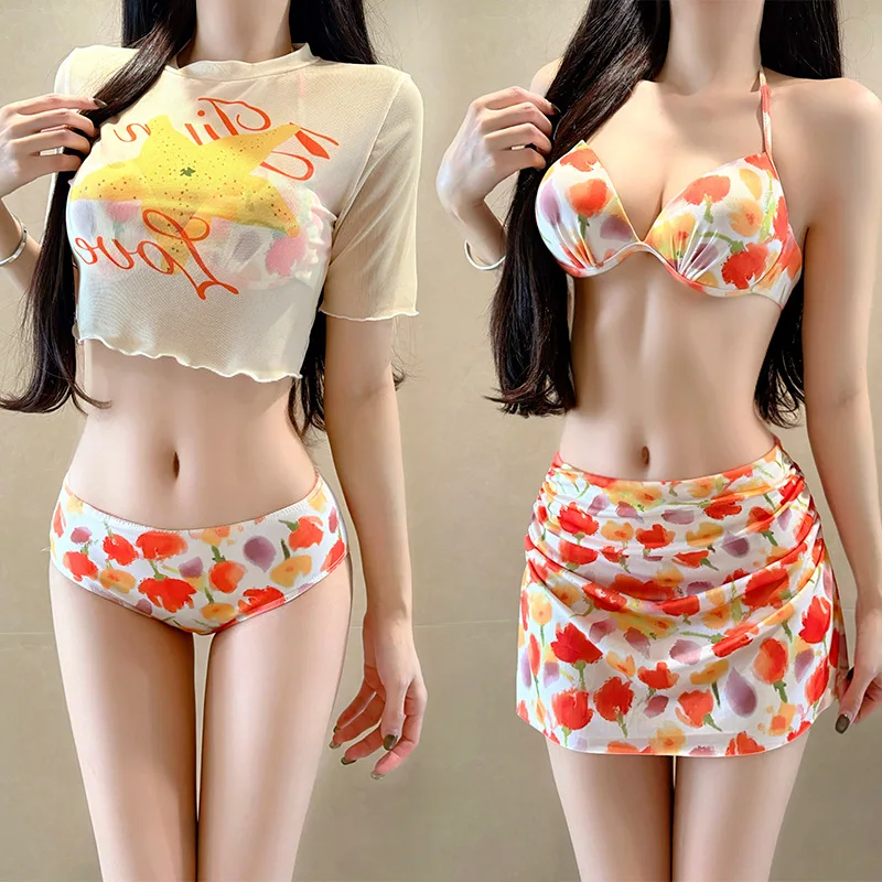 sexy Korean fashion orange flower print bikini sets 4pcs short sleeve crop tops with mini skirt swimsuit swimwear bathing suit view 2