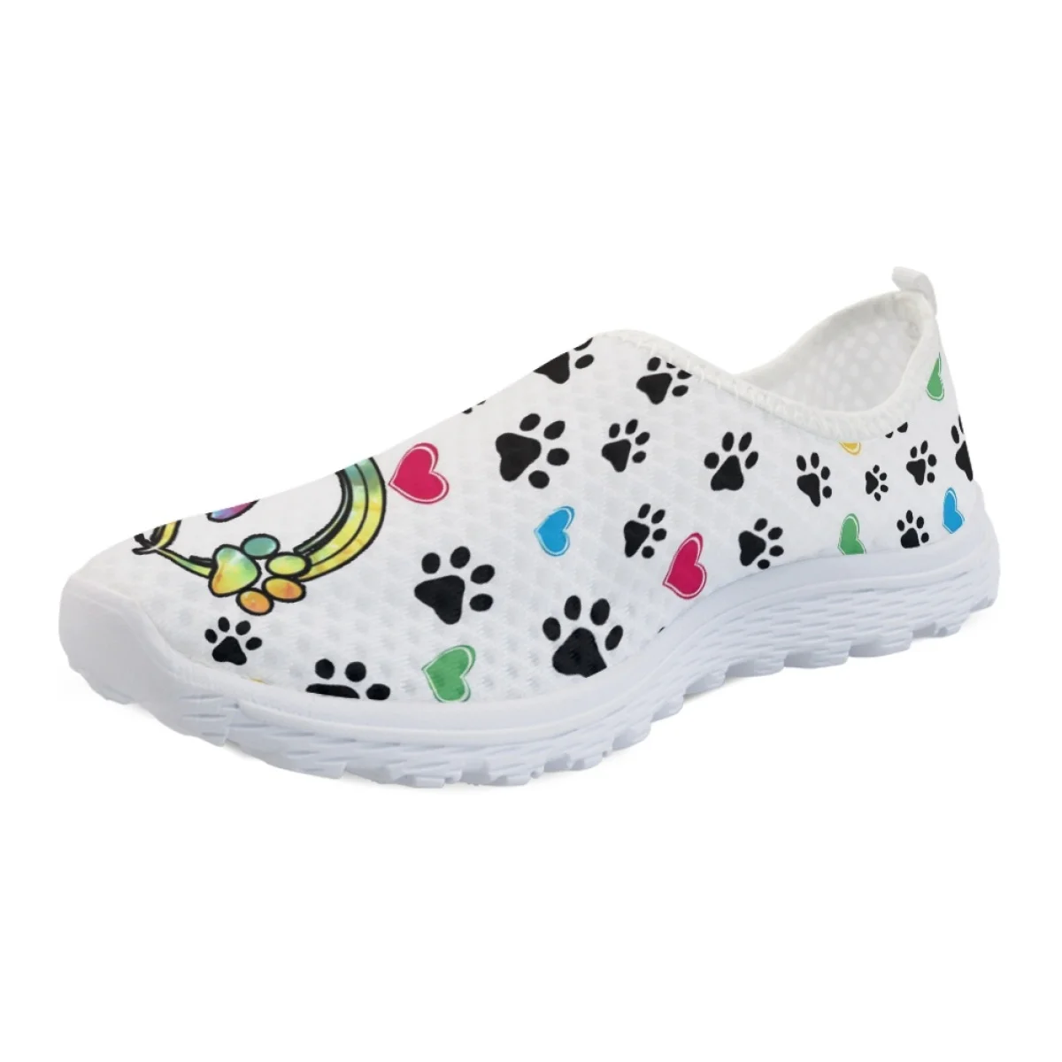 INSTANTARTS Colorful Dog Paw Print Love Ladies Cute Summer Outdoor Sneakers Casual Comfortable Flats Niche Mesh Walking Shoes