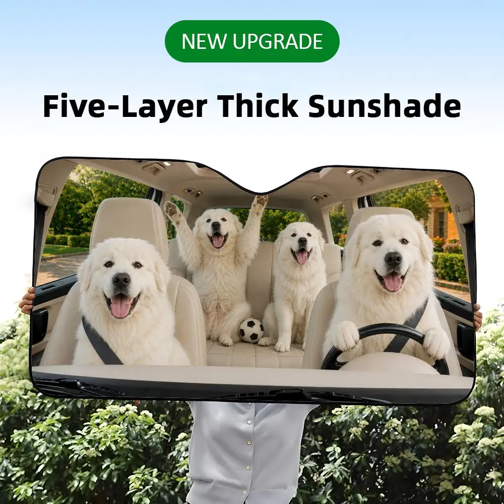 A five-layer thick car windshield sunshade with a funny graphic print of Great Pyrenees dogs throwing a soccer party.