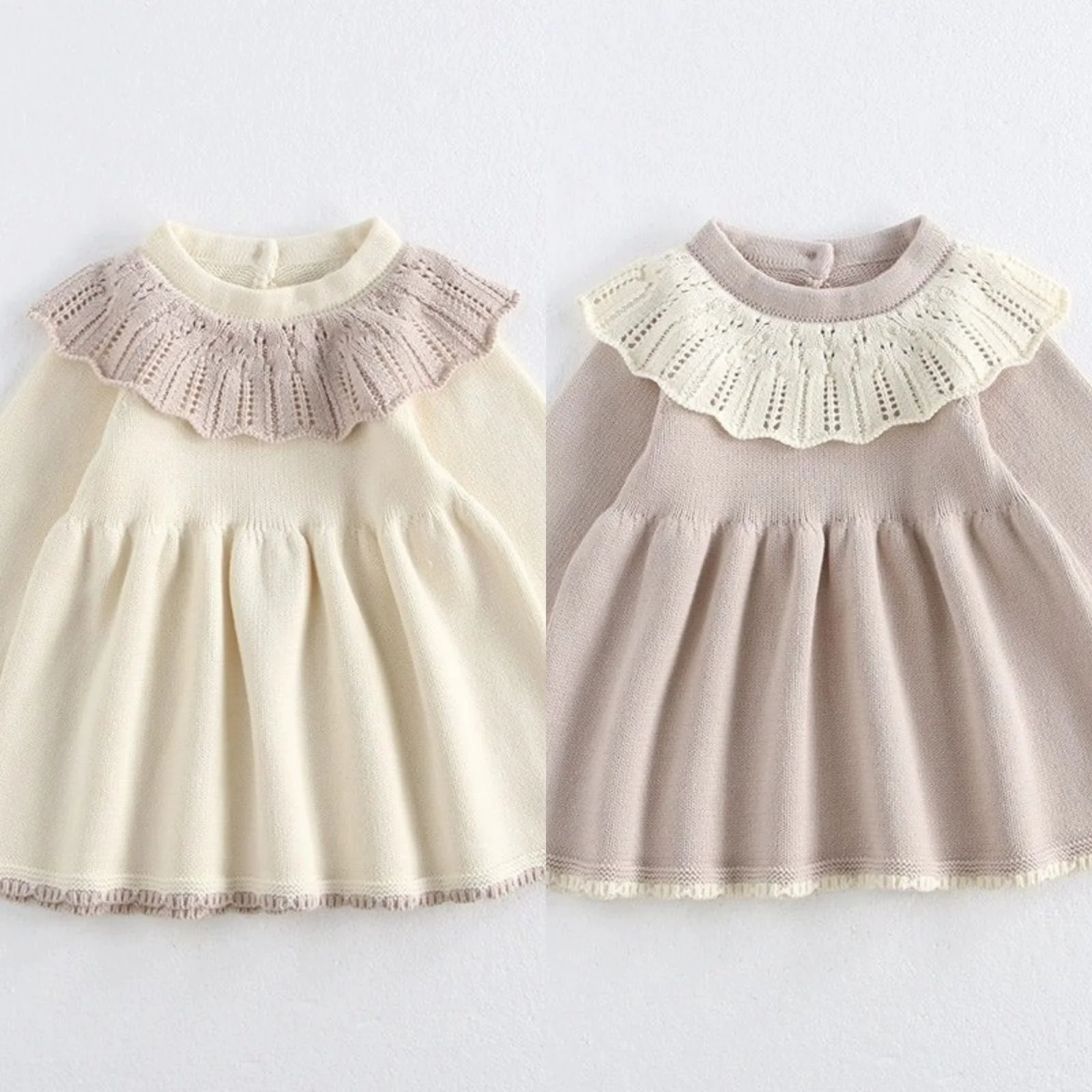 

Fashion Autumn Winter Girl's Knitted Princess Dress Warm Sweet Lotus Leaf Collar Sweater Dress Children's Casual Daily Wear