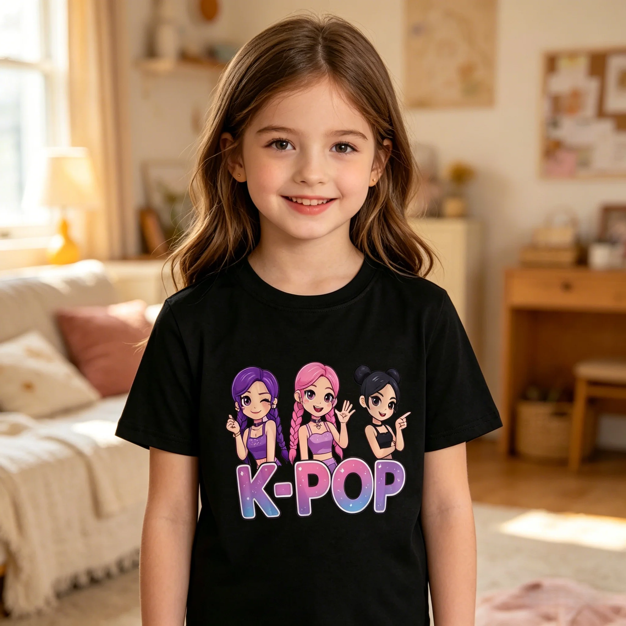 K-Pop Idol Style Kids T-Shirt Loose Casual Fit Soft Breathable Cotton Print for Daily Outdoor Activity Multiple Sizes