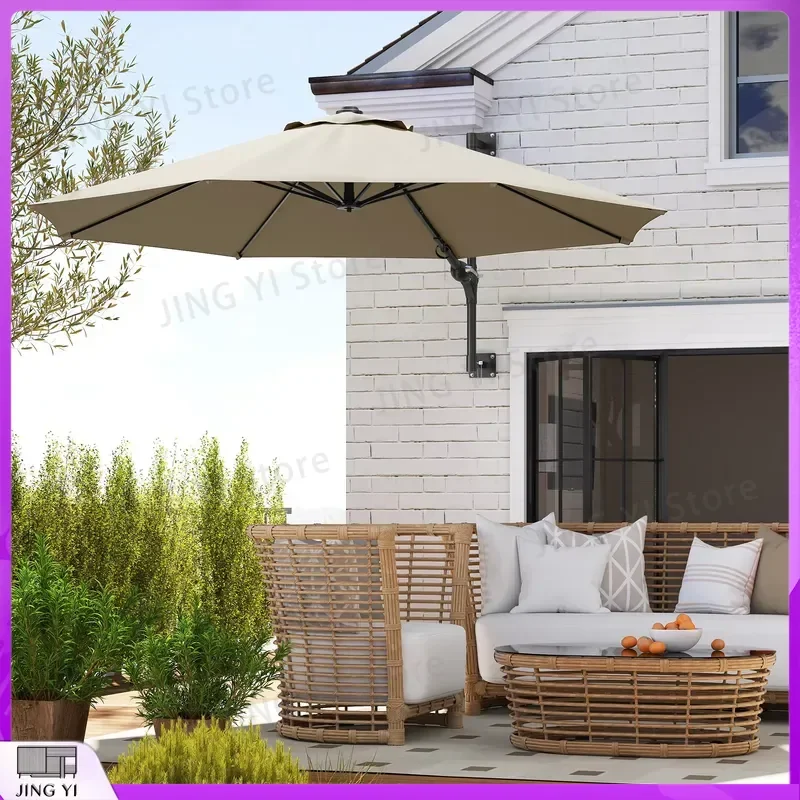 3M Wall Mounted Garden Parasol Umbrella with 360° Rotation Outdoor Market Sun Shade Canopy with 8 Ribs Khaki UV