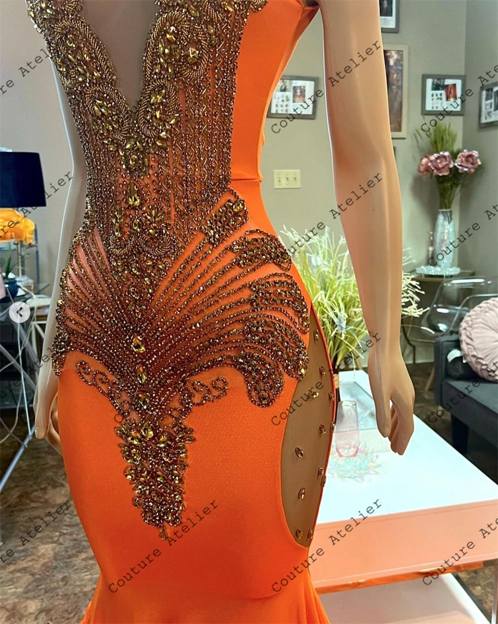 Pretty Orange Mermaid Gold Crystal Beading Prom Dresses 2024 Luxury Wedding Gowns Black Girs Formal Occasion Cocktail Customized