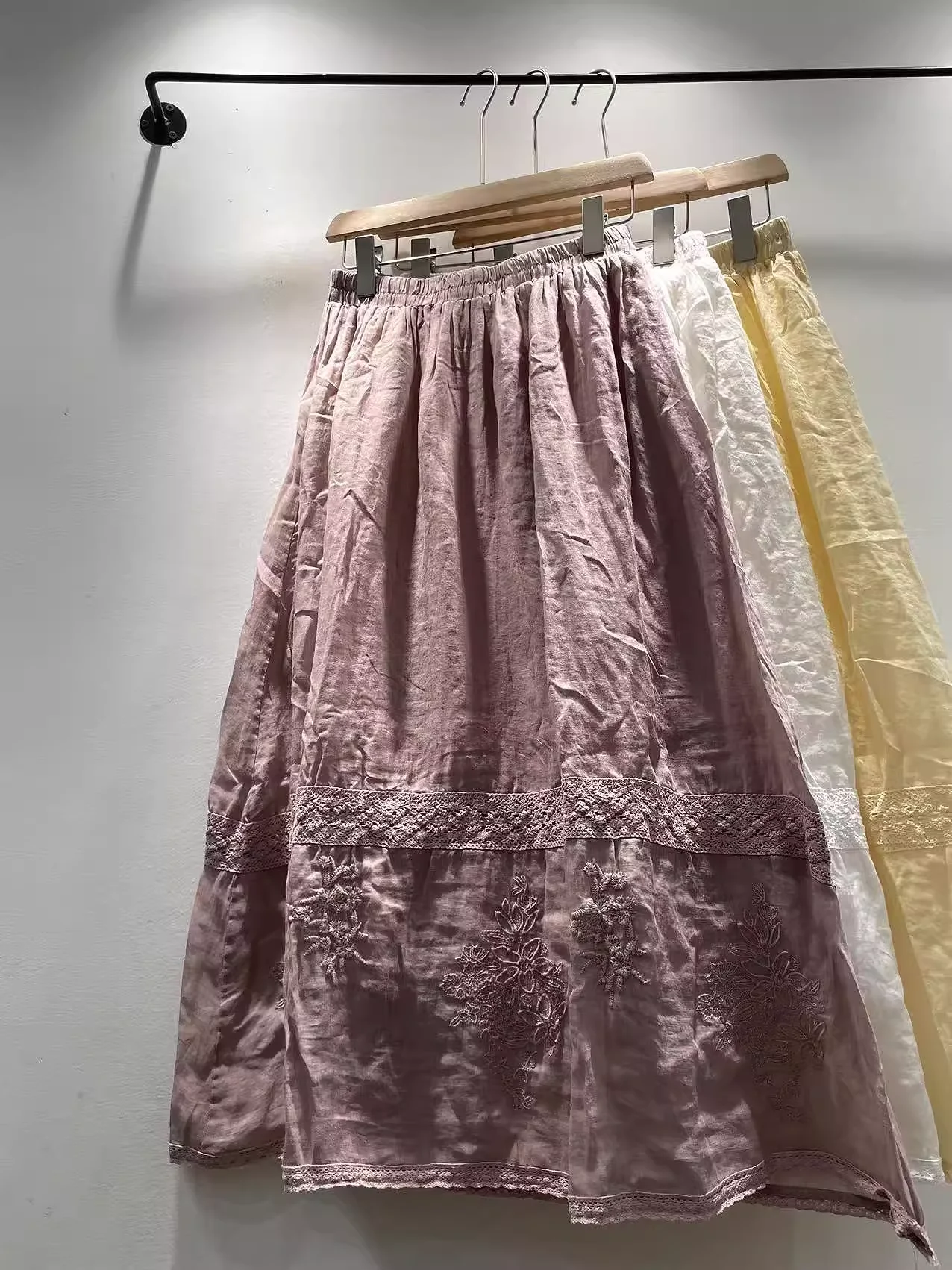 

2025 Mori girl sweet pink beige white lace embroidered long skirts for women summer spring elastic waist cotton retro midi skirt