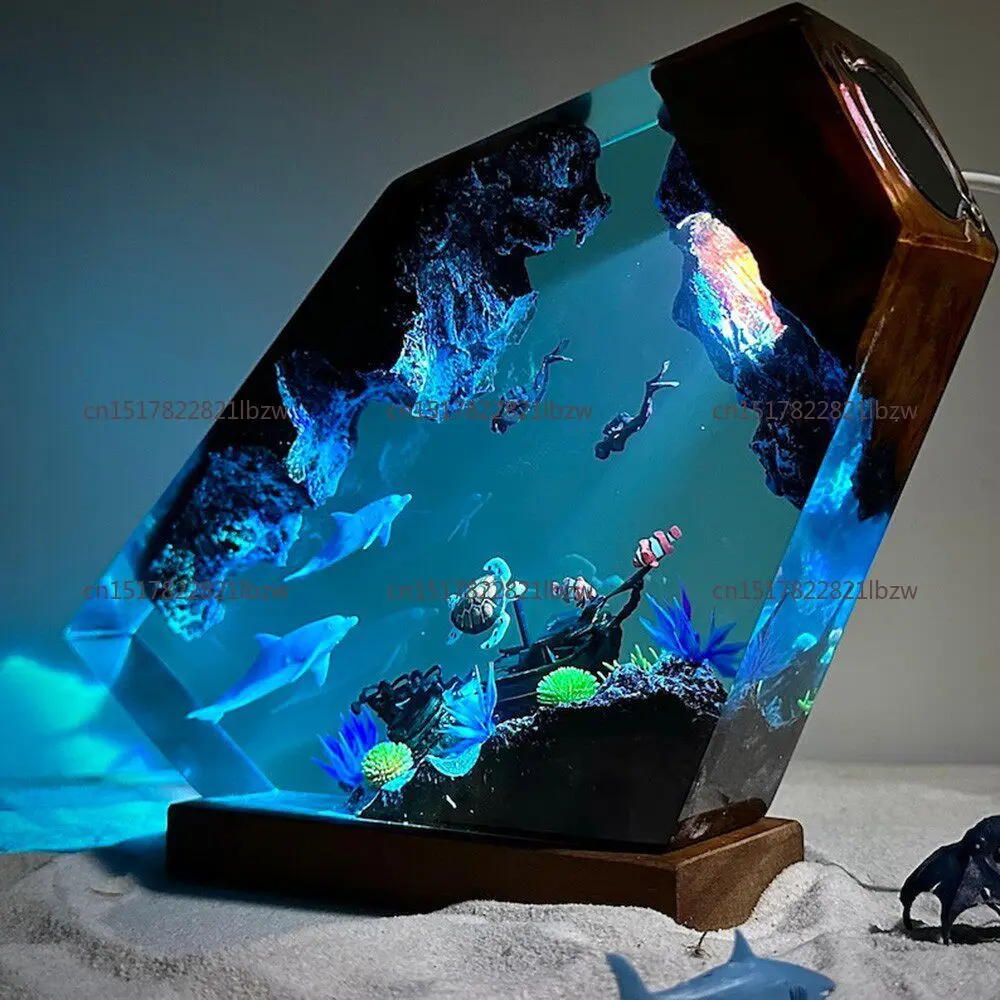 Marine Resin Wood Art Luminescent Design Whale Shark Manta Ray Diver Christmas Unique Gift Home Decoration Wonder