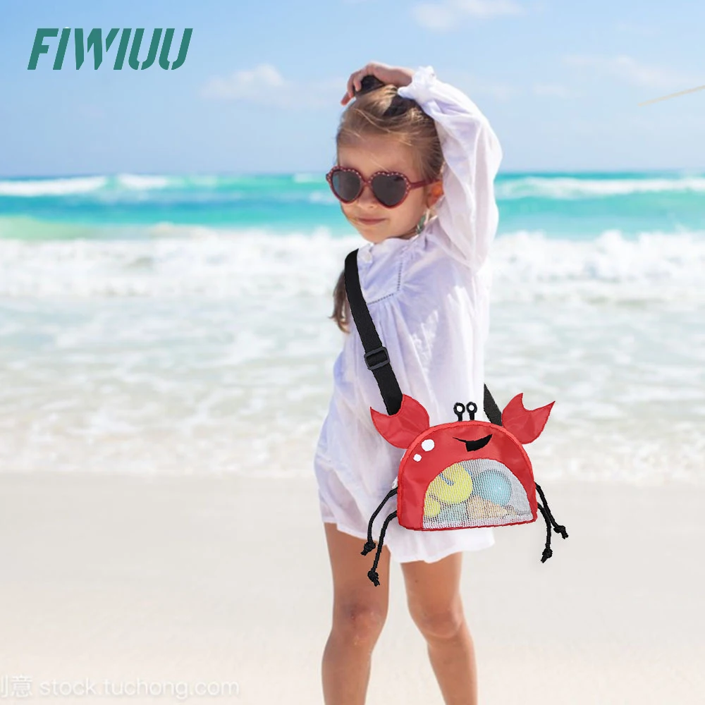 Fiwiuu Summer Kawayi Crab Mesh Beach Shoulder Bag Handbag Zipper Children Crossbody Bag Patchwork Shell Bag