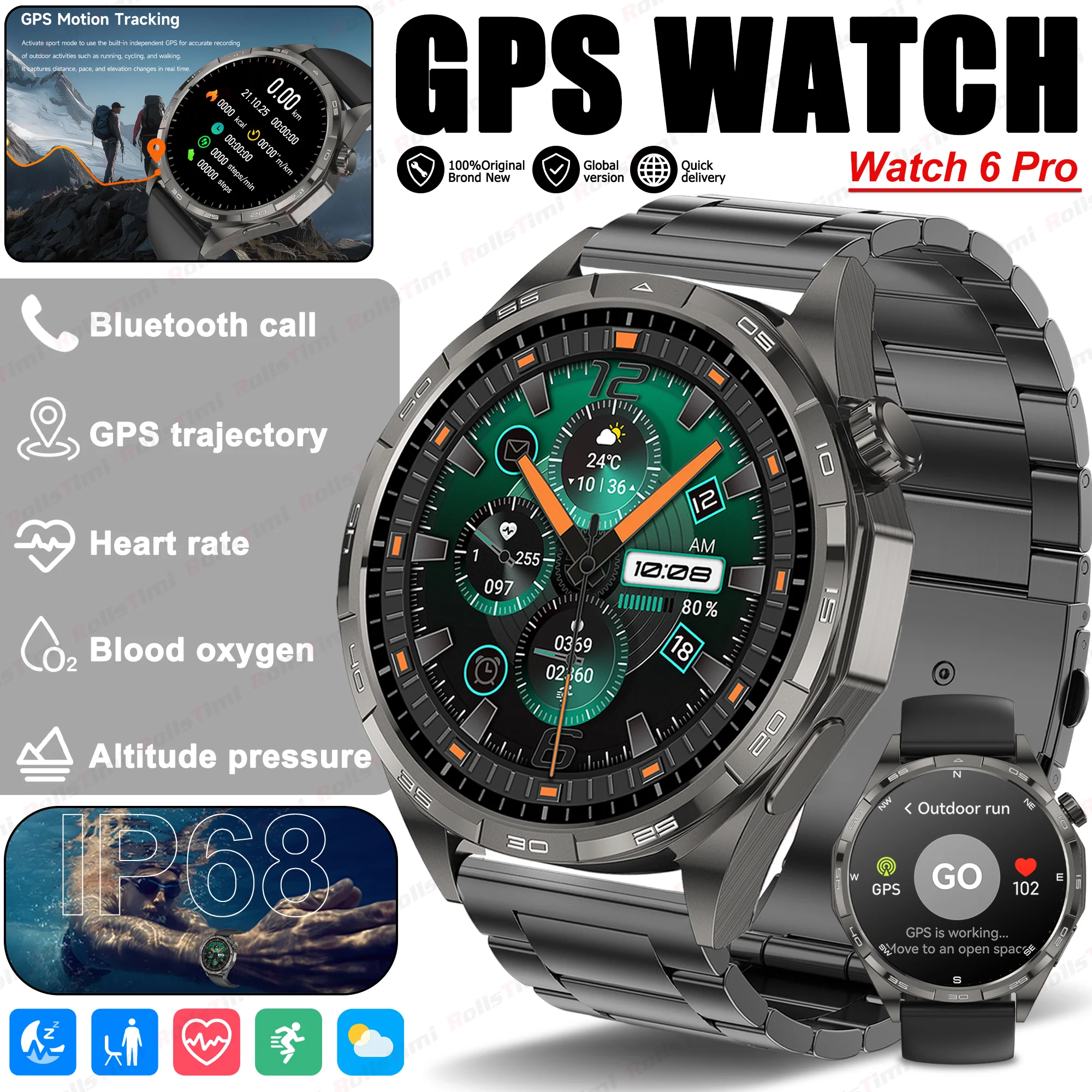 2025 Sports Smart Watch 6Pro 1.5-Inch HD Screen GPS Heart Rate Monitor Bluetooth Call IP68 Waterproof for Men And Women