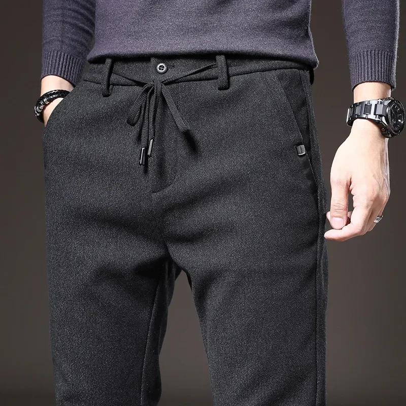 Brand Autumn Winter Brushed Fabric Casual Pants Men Thick Business Work Slim Cotton Black Grey Trousers Male Plus Size 38