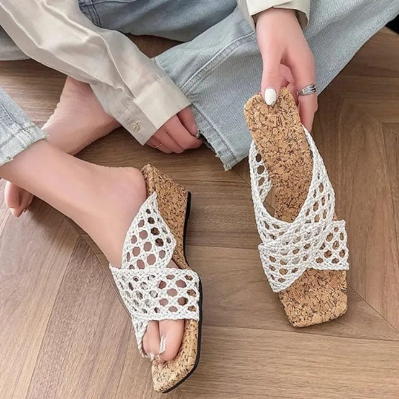 Vacation Style Woven Hollow Cross Belt with Square Toe Slope and Slippers for Women Wearing Outdoor Sandals