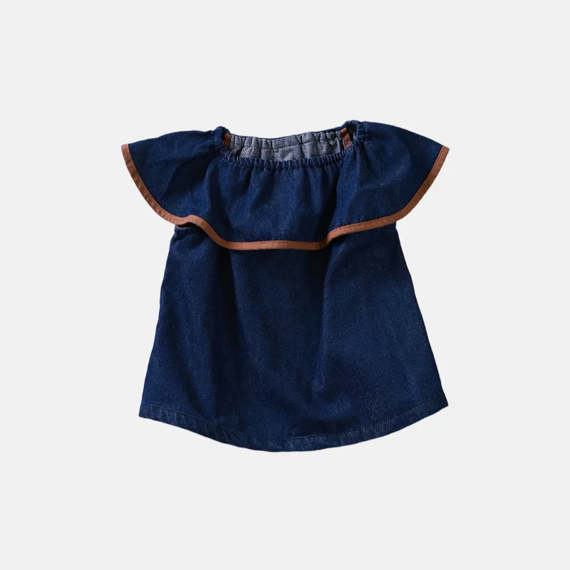 Girls' Summer Denim Sleeveless Shirt Japanese and Korean Style Children Ruffled Sleeve Shirt Cool Top