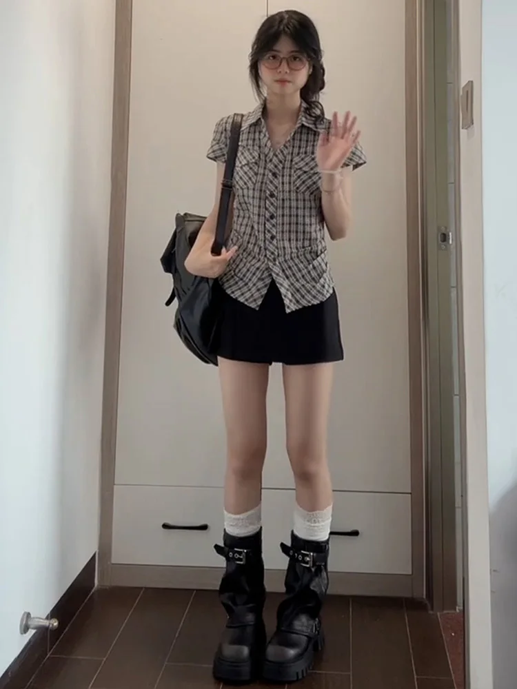 

Retro Korean Plaid Waist-Cinching Slim Fit ort Sve irt Women Summer Anti-Aging Personali Super Beautiful Versatile S...