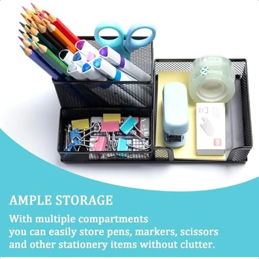 حامل أقلام شبكي أسود منظم سطح المكتب حامل أقلام رصاص للمكتب 3 مقصورات منظم مستلزمات المكتب المعدنية مع ملاحظات لاصقة